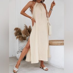 Sping Solid High Slit Hem Halter Neck Backless Beach Long Dress